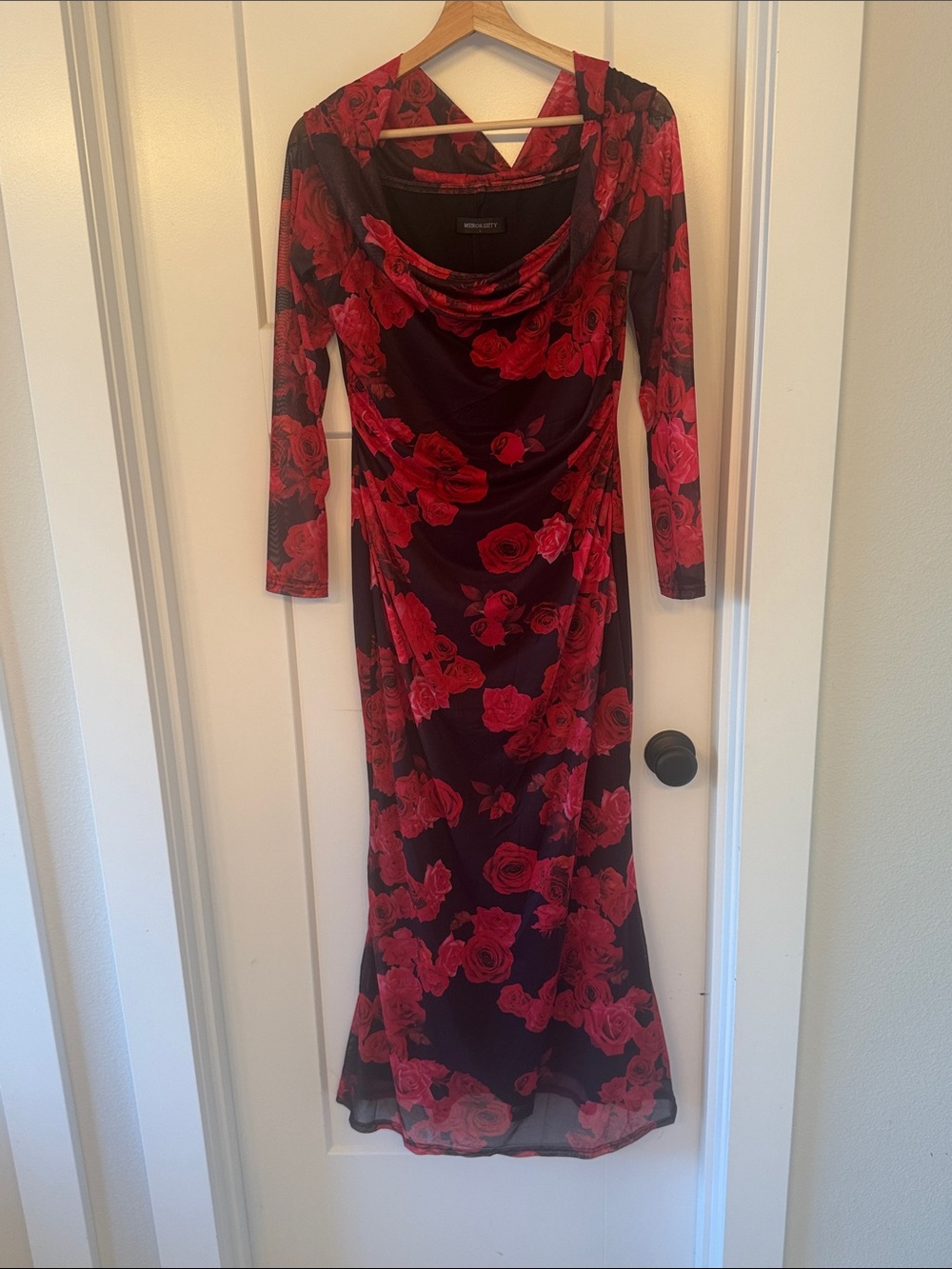 Red Rose Print Cowl Neck Long Sleeve Midi Dress